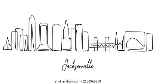 Single continuous line drawing Jacksonville city skyline  USA  Famous city scraper   landscape  World travel concept home wall decor poster print  Modern one line draw design vector illustration