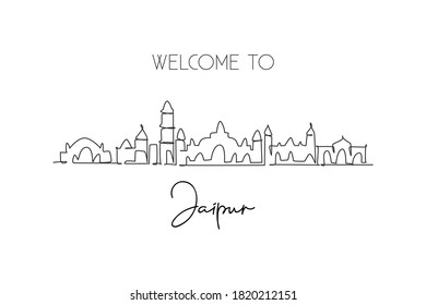Single continuous line drawing of Jaipur city skyline, India. Famous city scraper landscape. World travel home wall decor art poster print concept. Modern one line draw design vector illustration