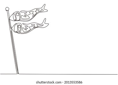 Single continuous line drawing Japanese carp streamers fluttering in the blue sky in early summer. Japanese traditional culture, annual event. Dynamic one line draw graphic design vector illustration