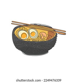 Single continuous line drawing Japanese food ramen noodles with various toppings in bowl. Traditional Asian noodle soup. Swirl curl style. Dynamic one line draw graphic design vector illustration