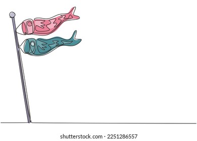 Single continuous line drawing Japanese carp streamers fluttering in the blue sky in early summer. Japanese traditional culture, annual event. Dynamic one line draw graphic design vector illustration