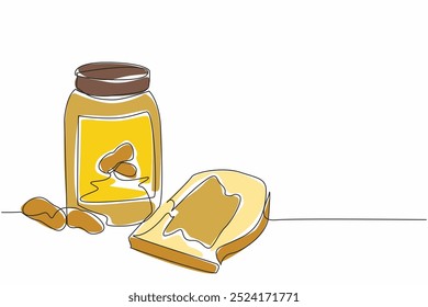 Uma única linha contínua desenhando jarra de manteiga de amendoim e pão esfregado com ele. Porca dispersa. Combinação de deliciosidade no café da manhã. Dia Nacional da Manteiga de Amendoim. Ilustração de vetor de design de uma linha