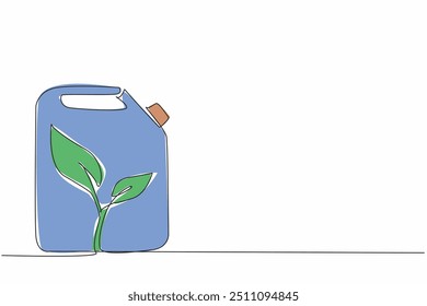Single continuous line drawing the jerrican with a handle and a picture of leaves. Replenish fuel reserves. Natural fuel. No harm to nature. National Biodiesel Day. One line design vector illustration