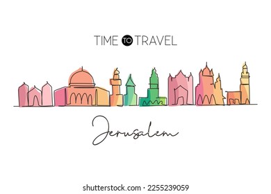 Single continuous line drawing Jerusalem holy city skyline, Palestine. Historical town landscape in the world. Best holiday destination. Editable stroke trendy one line draw design vector illustration