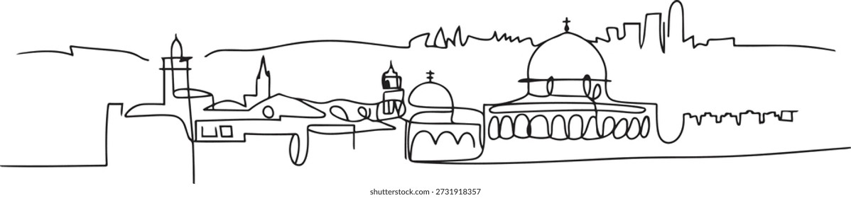 Single continuous line drawing of Jerusalem skyline, Palestine. Famous city scraper landscape. World travel concept home decor wall art poster print. one line Icon drawing
