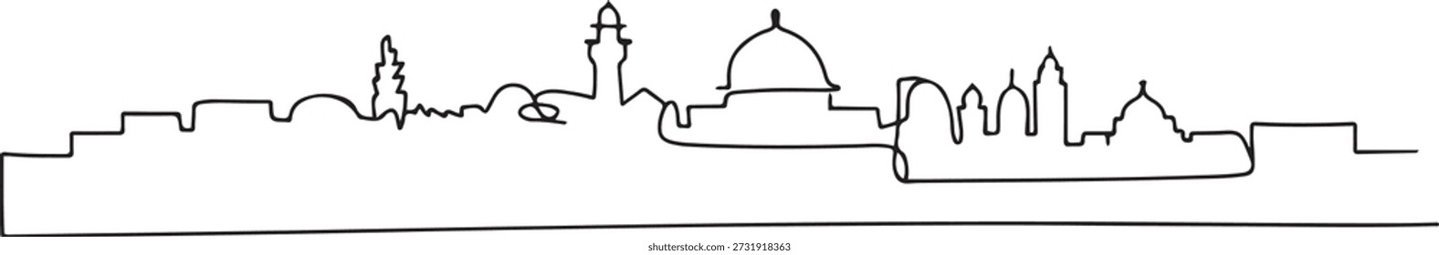 Single continuous line drawing of Jerusalem skyline, Palestine. Famous city scraper landscape. World travel concept home decor wall art poster print. one line Icon drawing
