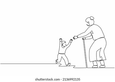 Single continuous line drawing joyful little boy meeting their grandparents  Happy family visiting grandfather   grandmother  Grandson running to hug grandma  One line design vector illustration