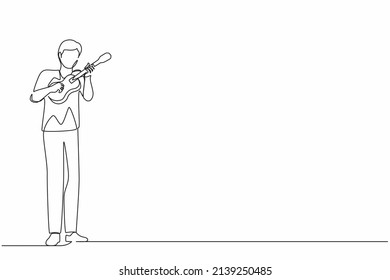 Single continuous line drawing joyful guy playing on ukulele and singing having fun. Male musician holding small guitar and singing. Man play on musical instrument. One line draw graphic design vector