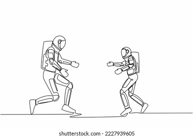 Single continuous line drawing of joyful little astronaut kid running to dad spaceman for family hug. Happy son meeting father with love. Cosmonaut deep space. One line draw design vector illustration