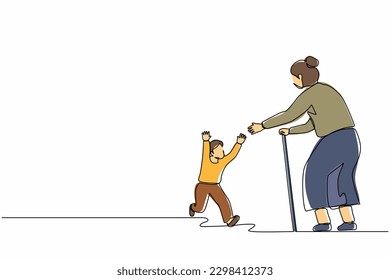 Single continuous line drawing joyful little boy meeting their grandparents. Happy family visiting grandfather and grandmother. Grandson running to hug grandma. One line design vector illustration
