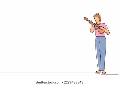 Single continuous line drawing joyful girl playing on ukulele and singing having fun. Female musician holding small guitar and singing. Woman play on musical instrument. One line graphic design vector