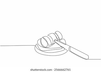 Single continuous line drawing judge gavel lying position on its wooden base. The gavel banging of the judge presiding over the trial of the case. Verdict. Law Day. One line design vector illustration