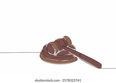 Single continuous line drawing judge gavel lying position on its wooden base. The gavel banging of the judge presiding over the trial of the case. Verdict. Law Day. One line design vector illustration