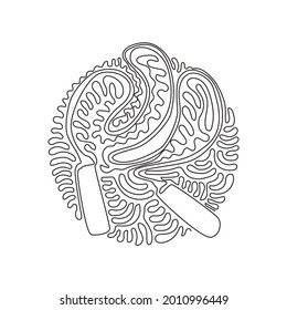 Single continuous line drawing jump rope or skipping rope. Sports, fitness, cardio, martial art and boxing accessories. Swirl curl circle background style. Dynamic one line draw graphic design vector