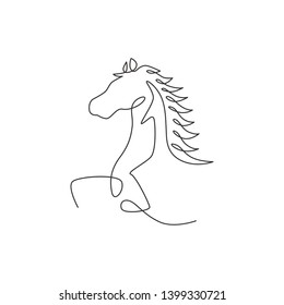 Single continuous line drawing of jumping elegant horse company logo identity. Strong mustang head mammal animal icon concept. Modern one line draw design graphic vector illustration