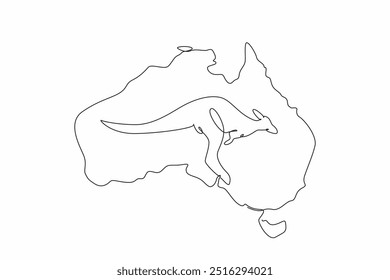 Línea continua única dibujando canguro en el medio del mapa del continente australiano. Un marsupial que puede saltar muy lejos. Animales característicos. Día de Australia. Ilustración vectorial de diseño de una línea