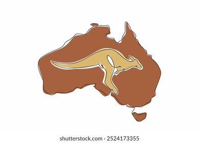 Einzeilige durchgehende Linie, die ein Känguru in der Mitte der Karte des australischen Kontinents zeichnet. Ein Beuteltier, das sehr weit springen kann. Unterschriebene Tiere. Australientag. Vektorgrafik mit einzeiligem Design