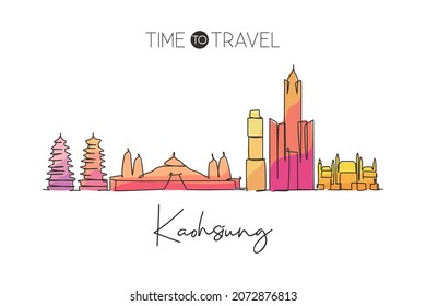 Single continuous line drawing of Kaohsiung city skyline, Taiwan. Famous city scraper landscape home wall decor art poster print. World travel concept. Modern one line draw design vector illustration