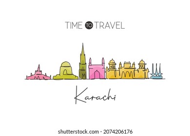 Single continuous line drawing Karachi city skyline, Pakistan. Famous city scraper and landscape home wall decor poster print art. World travel concept. Modern one line draw design vector illustration