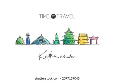 Línea única continua dibujando el horizonte de Katmandú, Nepal. Famoso rascacielos paisajístico decoración de paredes de casa estampado de afiches. Concepto de destino de viajes en el mundo. Ilustración vectorial de diseño de dibujo de una línea moderna