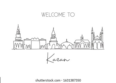 Single continuous line drawing of Kazan skyline, Russia. Famous city scraper landscape postcard print. World travel destination concept. Editable stroke modern one line draw design vector illustration