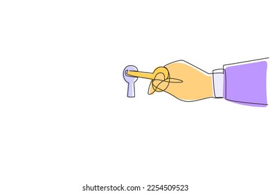 Single continuous line drawing key in hand holds man  Open the door lock  Keyhole isolated white background  Unlock opening  Sign in house  Dynamic one line draw graphic design vector illustration