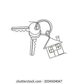 Single continuous line drawing keychain and key ring  two keys   pendant house locket  Key chain and house and locket vector icon  Dynamic one line draw graphic design vector illustration