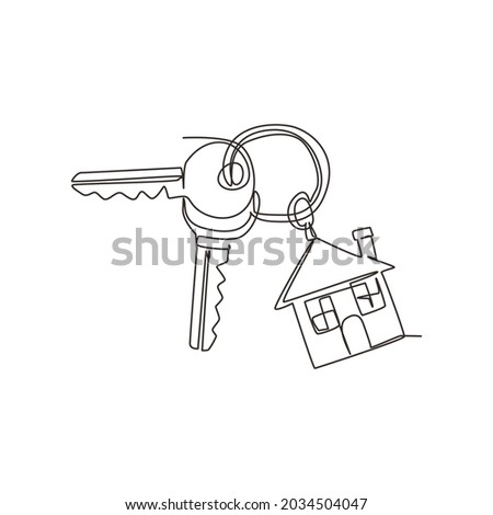 Single continuous line drawing keychain with key ring, two keys and a pendant house locket. Key chain with house with locket vector icon. Dynamic one line draw graphic design vector illustration