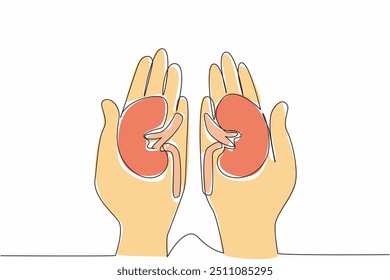 Uma linha contínua desenhando o rim em cada mão. O conceito de manutenção para os rins. Mantenha-se saudável com um estilo de vida saudável. Dia Mundial do Rim. Ilustração de vetor de design de uma linha