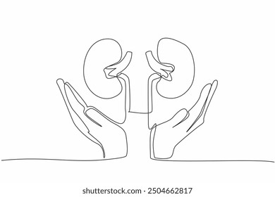 Single continuous line drawing kidneys supported by both hands. Lack of concern increases risk of excess disease. Pay attention to the kidneys. World Kidney Day. One line design vector illustration