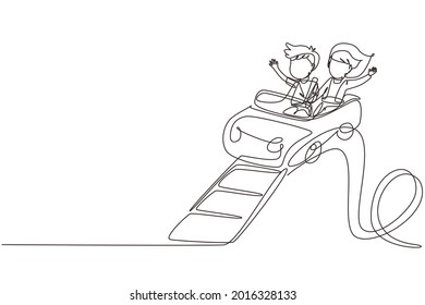 Single continuous line drawing kids on rollercoaster rides. Boy and girl riding fast at amusement rides, happy laughing or excited scared on amusement park. Dynamic one line draw graphic design vector