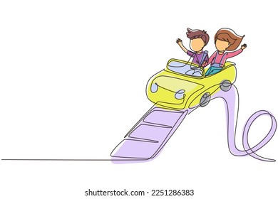 Single continuous line drawing kids on rollercoaster rides. Boy and girl riding fast at amusement rides, happy laughing or excited scared on amusement park. Dynamic one line draw graphic design vector