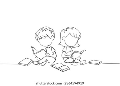 Single continuous line drawing kids sitting relaxed in a library reading a lot of books. Looking for answers to school assignments. Reading hobby. Book festival. One line design vector illustration