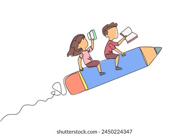 Single continuous line drawing the kids rides on a pencil-shaped rocket. Reading a book at a height. Read books anywhere. Very good habits. Book festival concept. One line design vector illustration