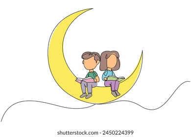 Single continuous line drawing kids sitting on crescent moon reading book. Metaphor of reading story before bed. Passionate about reading in any condition. Book festival. One line vector illustration