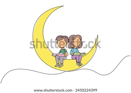 Single continuous line drawing kids sitting on crescent moon reading book. Metaphor of reading story before bed. Passionate about reading in any condition. Book festival. One line vector illustration