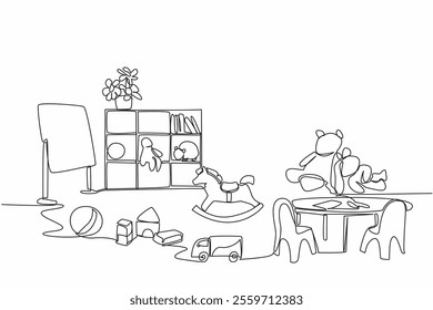 Single continuous line drawing kindergarten classroom. Equipped with various learning needs for children. Sharpen the intelligence. National Kindergarten Day. One line design vector illustration