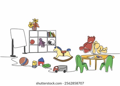 Single continuous line drawing kindergarten classroom. Equipped with various learning needs for children. Sharpen the intelligence. National Kindergarten Day. One line design vector illustration