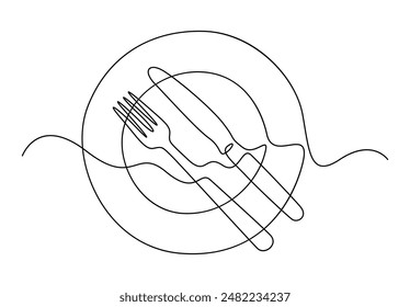 Single continuous line drawing of knife fork and plate decoration for cafe or kitchen restaurant vector illustration