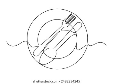 Single continuous line drawing of knife fork and plate decoration for cafe or kitchen restaurant vector illustration