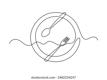 Single continuous line drawing of knife fork and plate decoration for cafe or kitchen restaurant vector illustration