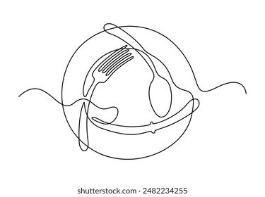 Single continuous line drawing of knife fork and plate decoration for cafe or kitchen restaurant vector illustration