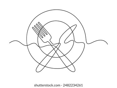 Single continuous line drawing of knife fork and plate decoration for cafe or kitchen restaurant vector illustration