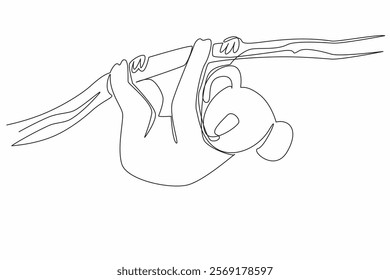 Single continuous line drawing koala hanging upside down from a tree branch. Adorable behavior accompanied by thick hair. Marsupial. International Wild Koala Day. One line design vector illustration