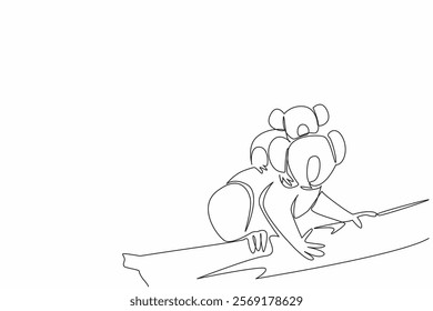 Single continuous line drawing Koala walking on a tree branch while carrying her baby. Moving to find food. Struggling. The marsupial. International Wild Koala Day. One line design vector illustration