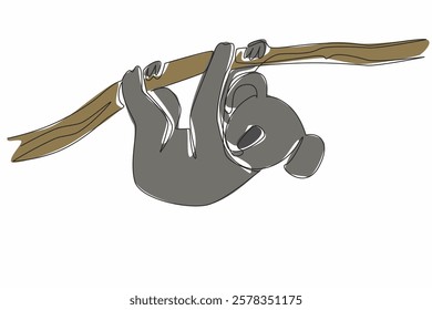 Single continuous line drawing koala hanging upside down from a tree branch. Adorable behavior accompanied by thick hair. Marsupial. International Wild Koala Day. One line design vector illustration