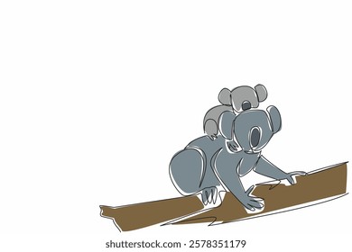 Single continuous line drawing Koala walking on a tree branch while carrying her baby. Moving to find food. Struggling. The marsupial. International Wild Koala Day. One line design vector illustration