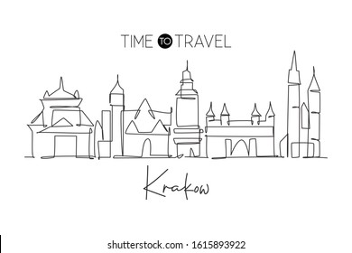 Single continuous line drawing of Krakow city skyline, Poland. Famous skyscraper landscape postcard. World travel concept home wall decor art. Editable modern one line draw design vector illustration