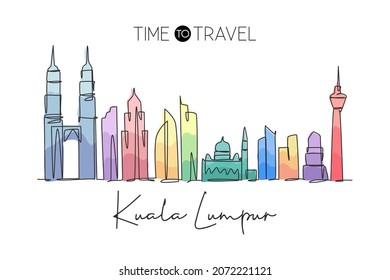 Dibujo de una sola línea continua en el horizonte de la ciudad de Kuala Lumpur, Malasia. Famoso paisaje urbano. Concepto de viajes en el mundo decoración de la pared del hogar estampado de afiches de arte. Ilustración vectorial de diseño de dibujo de una línea moderna