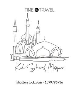 Single Continuous Line Drawing Kul Sharif Mosque Landmark. Beautiful Famous Place In Kazan Russia. World Holy Place Home Wall Decor Poster Art Concept. Dynamic One Line Draw Design Vector Illustration